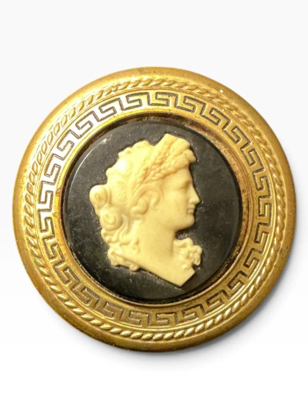 Vintage Greek Key Cameo Brooch Gold Tone Black Cream Classical Woman Large Pin
